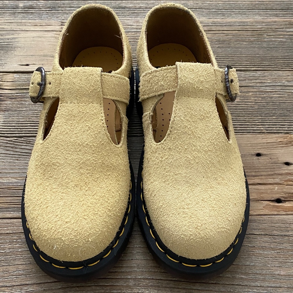 Dr. Martens T-Bar Shoe. Hazy Yellow Long Napped Suede. Size 7/38.